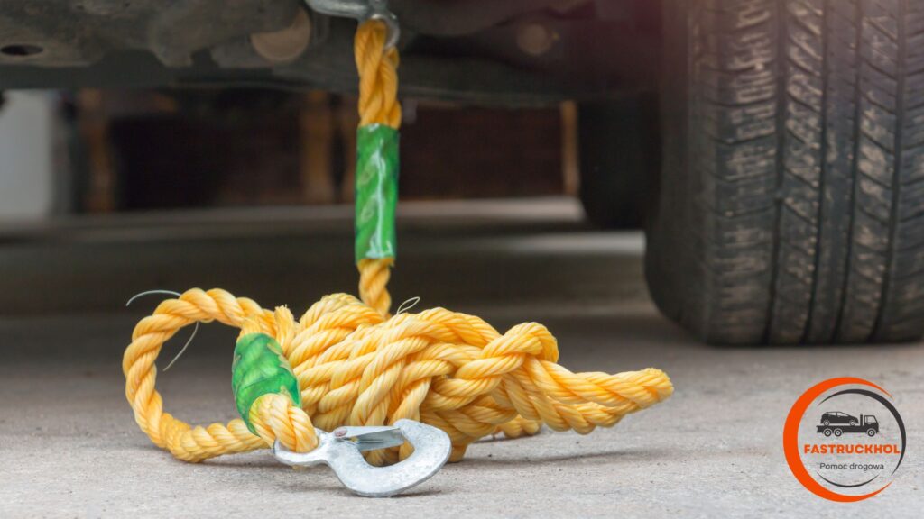 auto z zamontowaną liną holowniczą gotowe do holowania