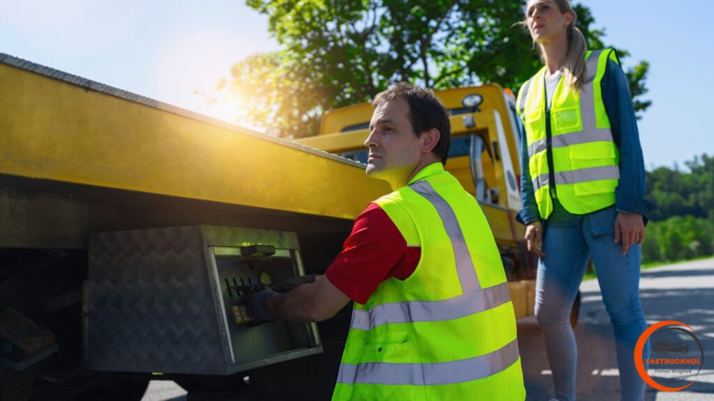 pracownik pomocy drogowej w trakcie procedury wciągania uszkodzonego pojazduna lawete