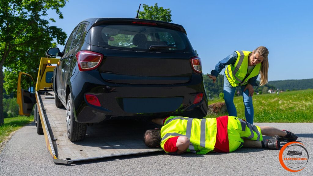 załadunek auta osobowego na lawetę przez pomoc drogową